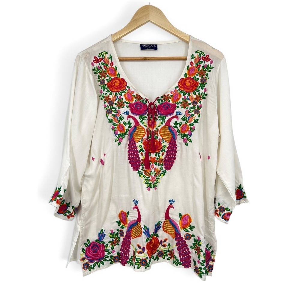 Royal Moda White Embroidered Peacock Floral Tassel Peasant Blouse Small